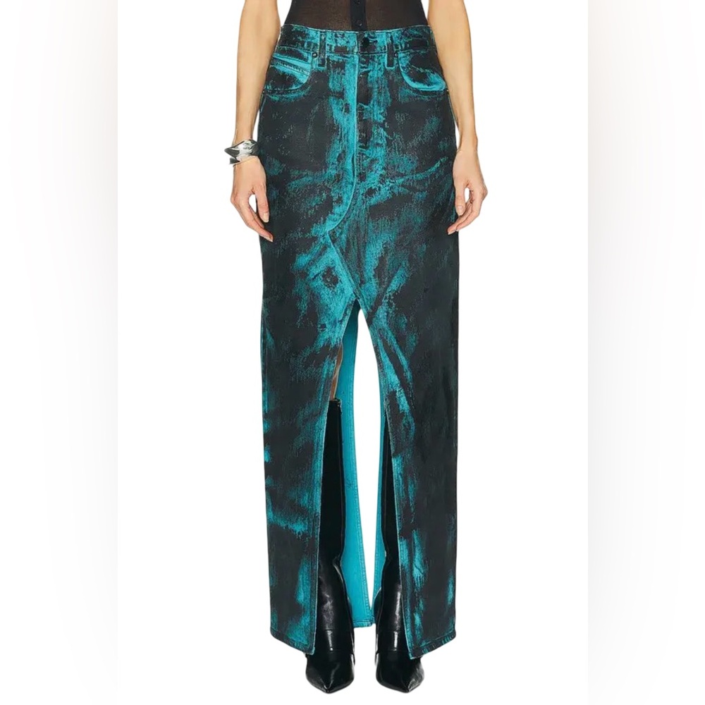RtA women’s Open denim Pants Skirt Size 28 Black Teal Abstract Wide Leg USA Y2K